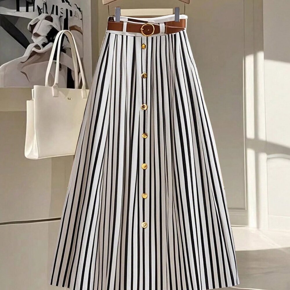 Black And White Casual Women's Pleated Maxi Skirt With Faux Leather Belt - Picture 3 of 6